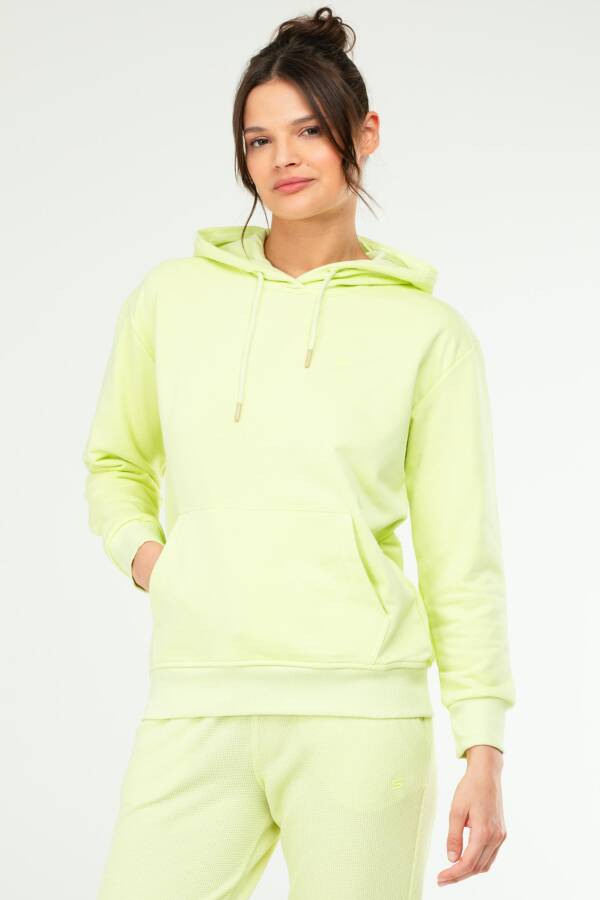 AÇIK YEŞİL Oversize Basic Pamuklu Kapüşonlu Kanguru Cep Kadın Sweatshirt SC1242 - Speedlife