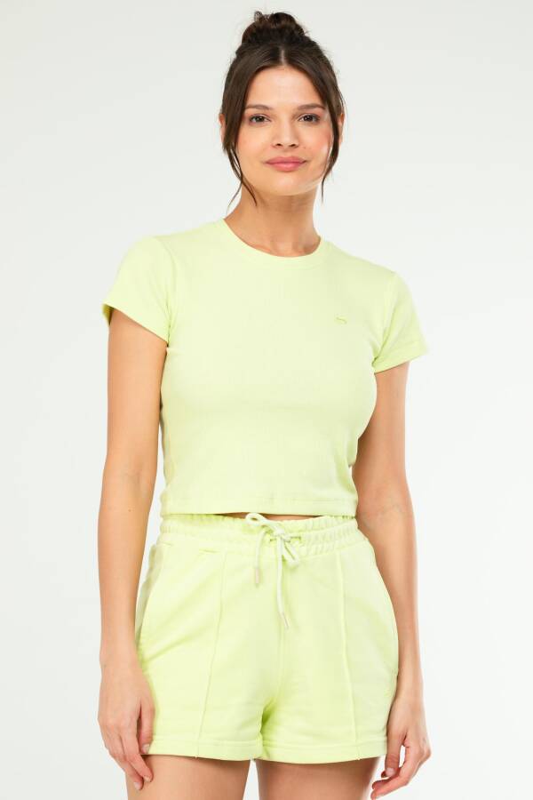 Açık Yeşil Slim Fit Basic Kaşkorse Bisiklet Yaka Kısa Kol Crop Kadın Body sf0757 - Speedlife