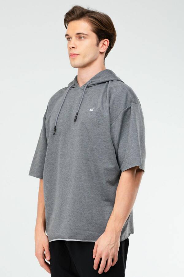 Antrasit Oversize Pamuklu Kapüşonlu Kısa Kol Erkek Sweatshirt xc2319 - Speedlife (1)