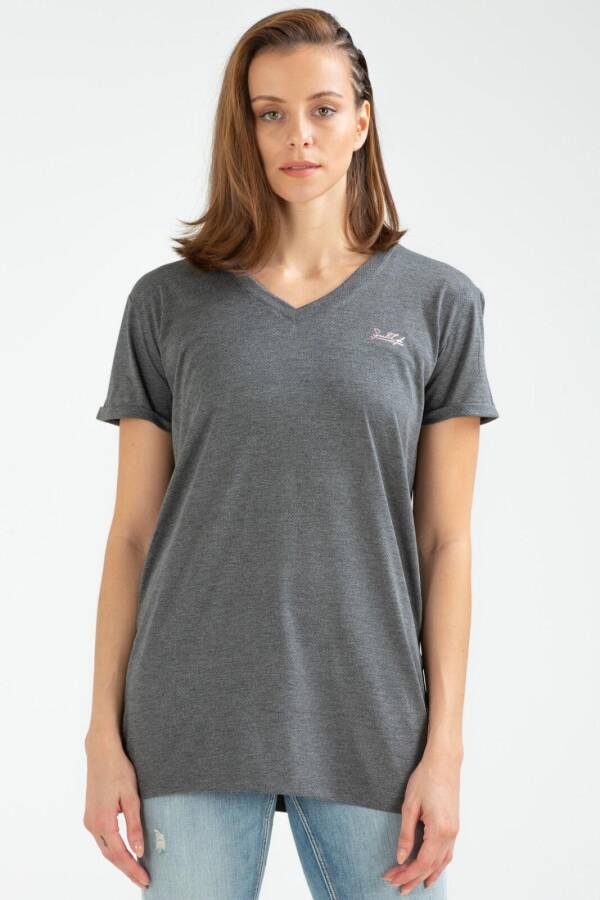 Antrasit Slim Fit Örgü Desen V Yaka Kısa Kol Kadın Tişört sf0390 - Speedlife