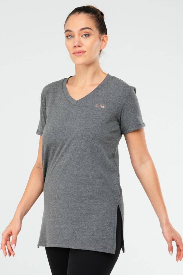Antrasit Slim Fit Pamuklu V Yaka Kısa Kol Kadın Tişört sf0390 - Speedlife (1)