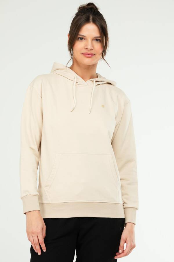Bej Oversize Basic Pamuklu Kapüşonlu Kanguru Cep Kadın Sweatshirt SC1242 - Speedlife