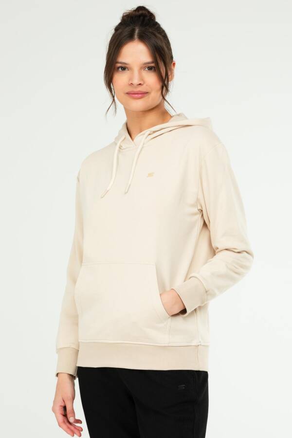 Bej Oversize Basic Pamuklu Kapüşonlu Kanguru Cep Kadın Sweatshirt SC1242 - Speedlife (1)