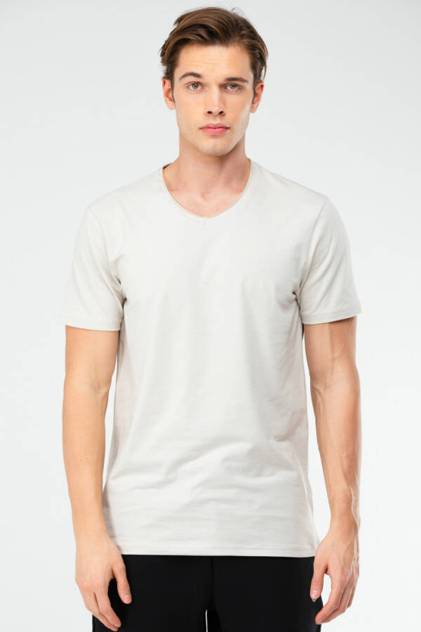 Bej Regular Pamuklu V Yaka Erkek Tişört xf1606 - Speedlife