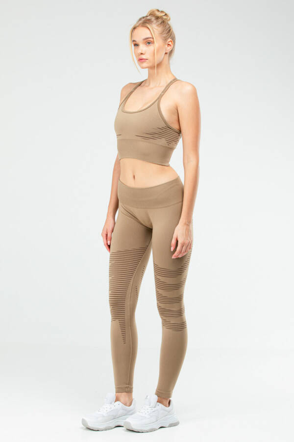 Bej Slim Fit Yüksek Bel Toparlayıcı Crop Top Seamless Kadın Tayt Takım ssb0011 - Speedlife (1)