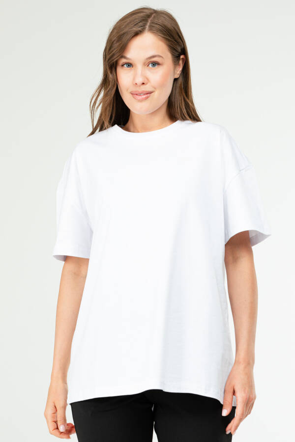 Beyaz Oversize Basic 100% Pamuk Bisiklet Yaka Kısa Kol Kadın Tişört SF0756 - Speedlife
