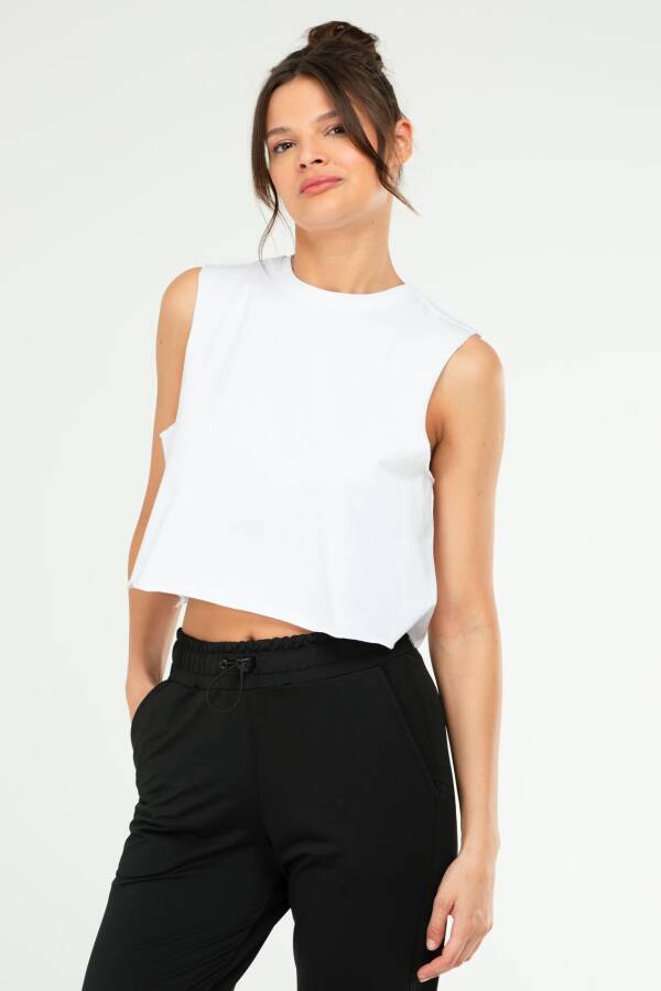Beyaz Regular Basic 100% Pamuk Bisiklet Yaka Kolsuz Crop Kadın Atlet sf0749 - Speedlife (1)