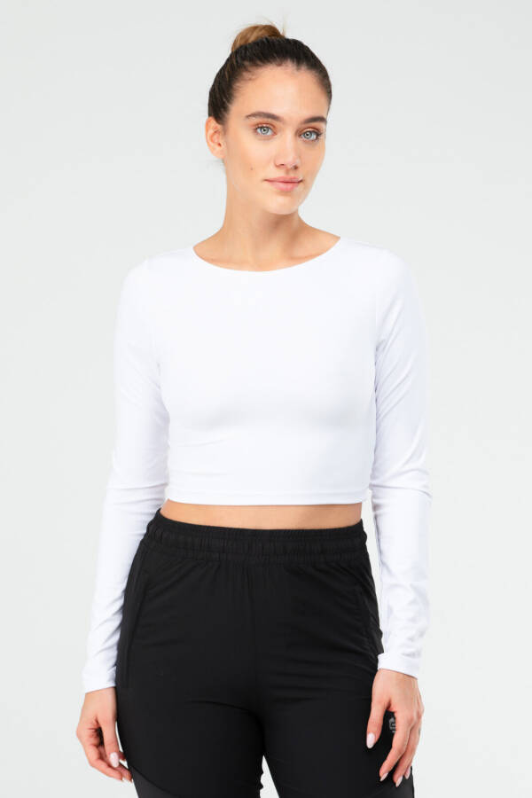 Beyaz Regular Bisiklet Yaka Uzun Kol Crop Top Kadın Tişört sf0653 - Speedlife