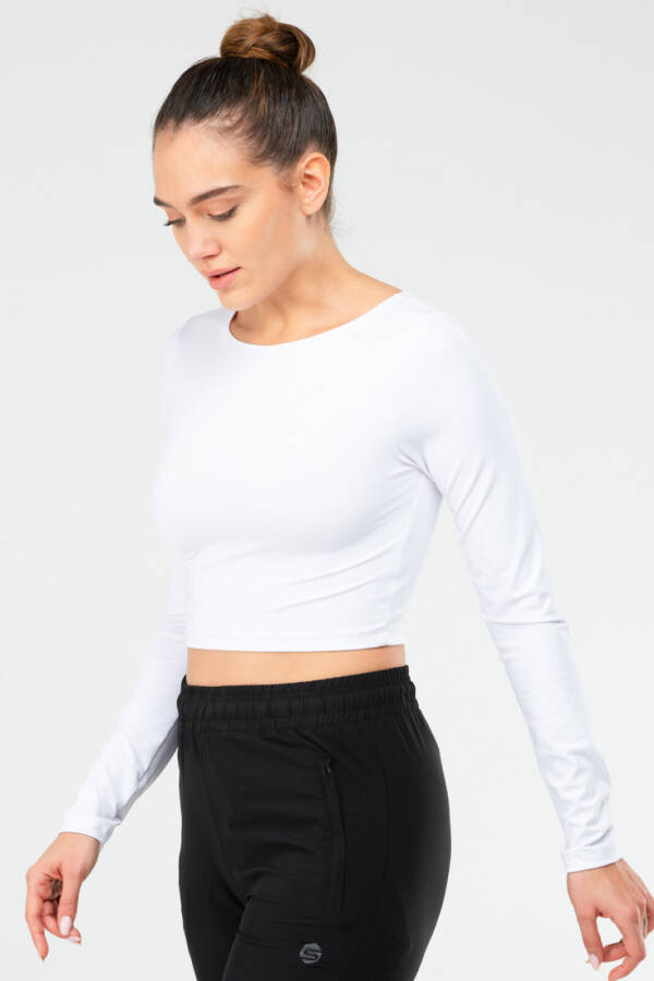 Beyaz Regular Bisiklet Yaka Uzun Kol Crop Top Kadın Tişört sf0653 - Speedlife (1)