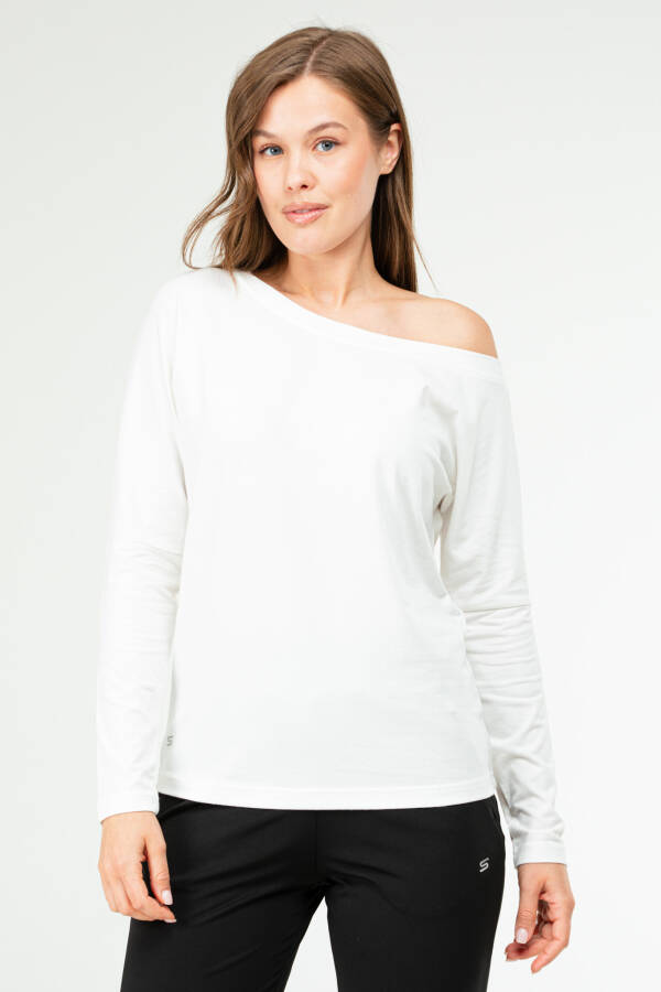 Beyaz - Siyah Basic Pamuklu Açık Yaka Uzun Kol Kadın Sweatshirt sc1244 - Speedlife