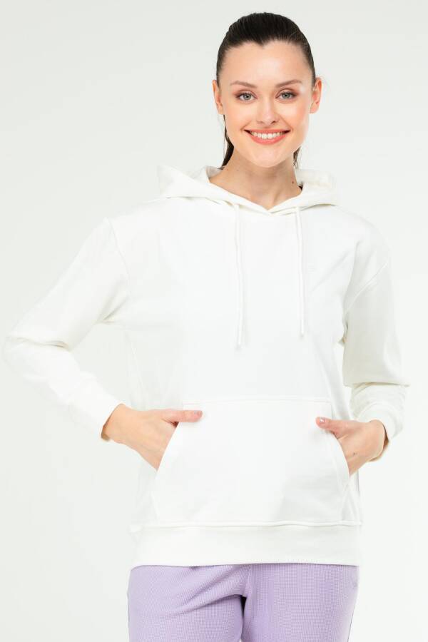 Beyaz - Siyah Oversize Basic Pamuklu Kapüşonlu Kanguru Cep Kadın Sweatshirt SC1242 - Speedlife