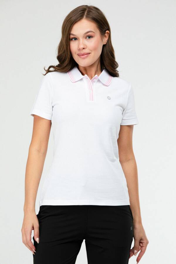 Beyaz Slim Fit Basic 100% Pamuk Kısa Kol Polo Yaka Kadın Tişört sf0684 - Speedlife