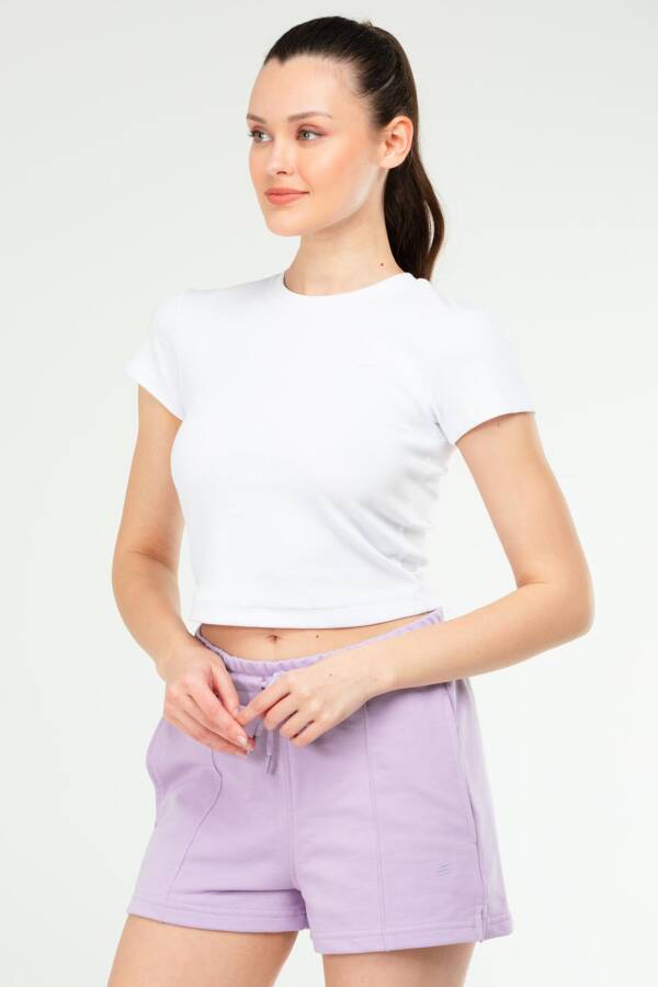 Beyaz Slim Fit Basic Kaşkorse Bisiklet Yaka Kısa Kol Crop Kadın Body sf0757 - Speedlife (1)