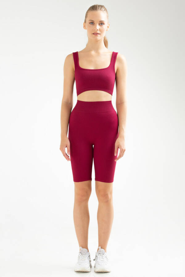 Bordo Slim Fit Yüksek Bel Toparlayıcı Seamless Kadın Tayt Takım ssb0009 - Speedlife