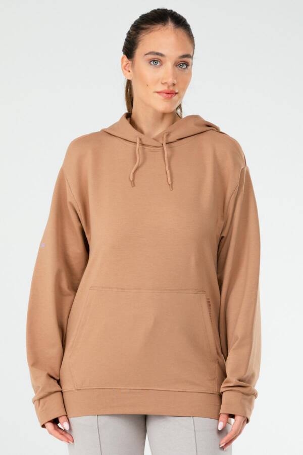 Camel Regular Pamuklu Kapüşonlu Kanguru Cep Kadın Sweatshirt sc1179 - Speedlife