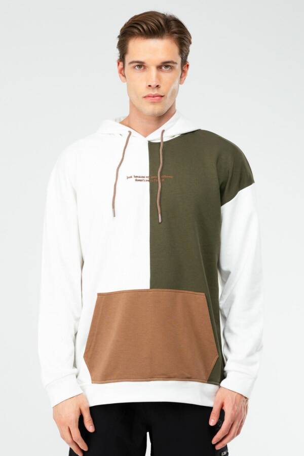 Ekru Haki Oversize Pamuklu Kanguru Cep Kapüşonlu Erkek Sweatshirt xc2309 - Speedlife