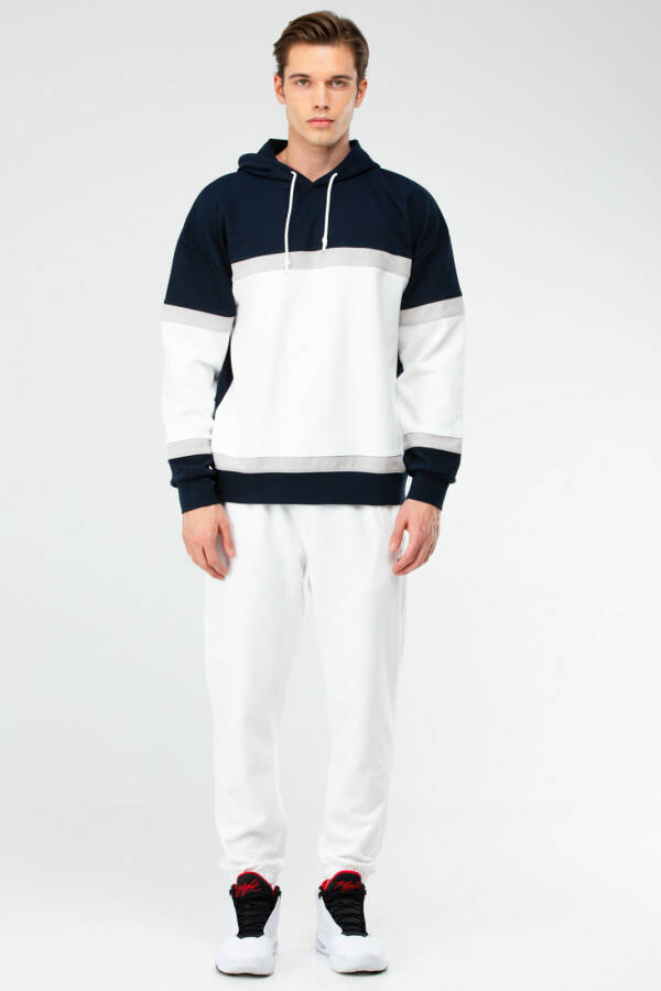 Ekru Lacivert Regular Pamuklu Kapüşonlu Lastik Paça Erkek Eşofman Takım xa1731 - Speedlife