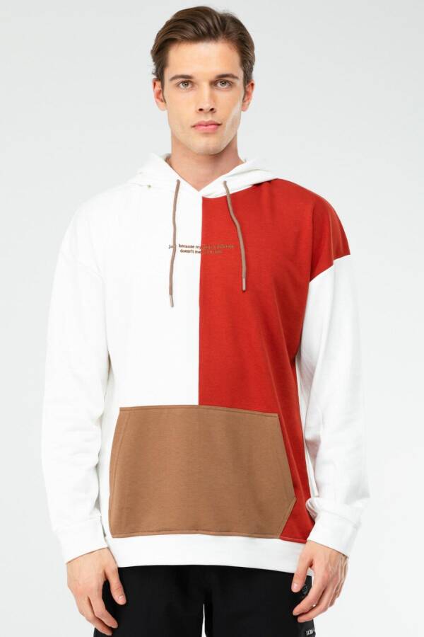 Ekru Oversize Pamuklu Kanguru Cep Kapüşonlu Erkek Sweatshirt xc2309 - Speedlife