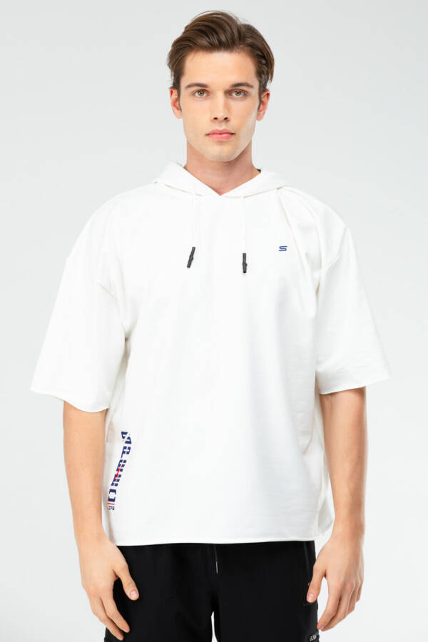 Ekru Oversize Pamuklu Kapüşonlu Kısa Kol Erkek Sweatshirt xc2319 - Speedlife