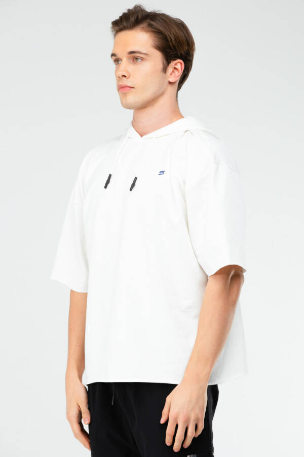 Ekru Oversize Pamuklu Kapüşonlu Kısa Kol Erkek Sweatshirt xc2319 - Speedlife (1)