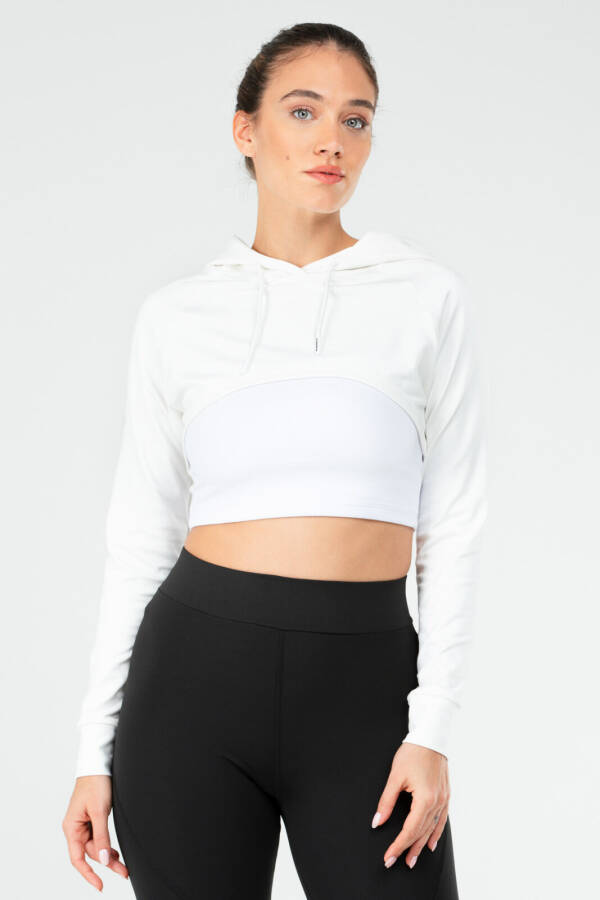 Ekru Regular Dalgıç Kumaş Kapüşonlu Crop Kadın Sweatshirt sc1189 - Speedlife