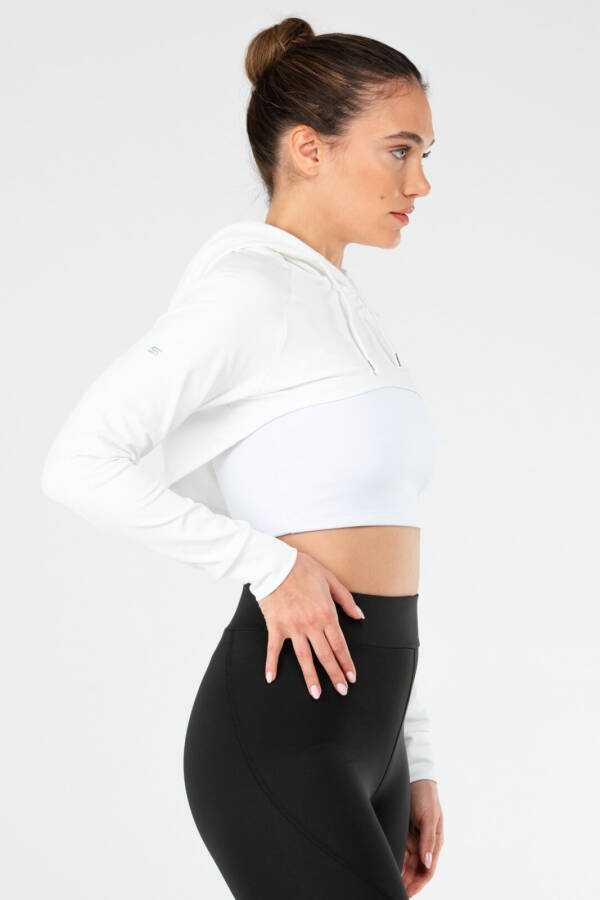 Ekru Regular Dalgıç Kumaş Kapüşonlu Crop Kadın Sweatshirt sc1189 - Speedlife (1)