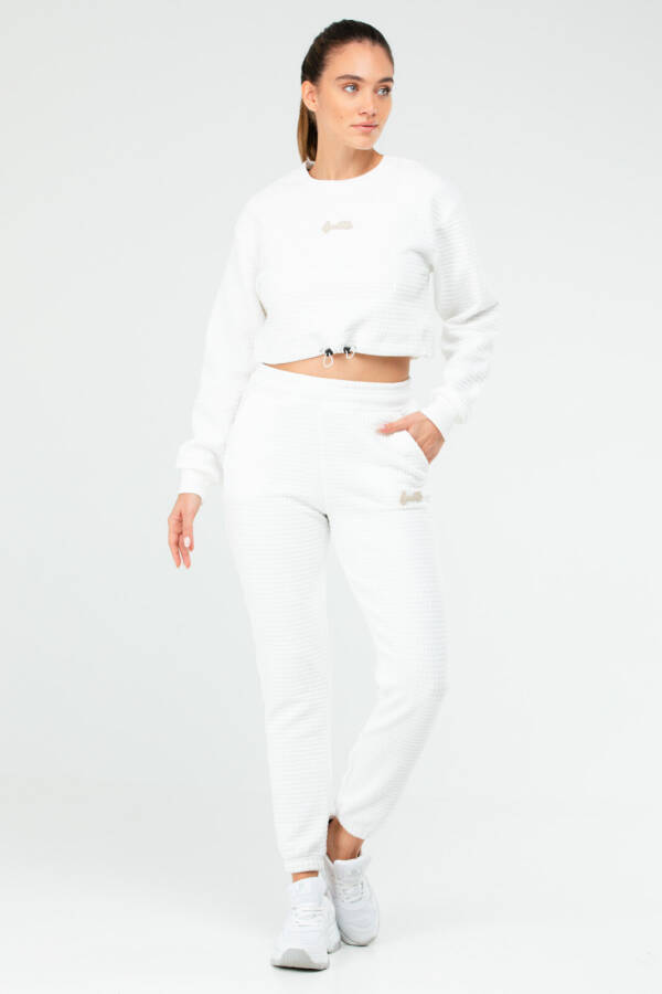 Ekru Regular Kapitone Bisiklet Yaka Crop Kadın Eşofman Takım sa2626 - Speedlife