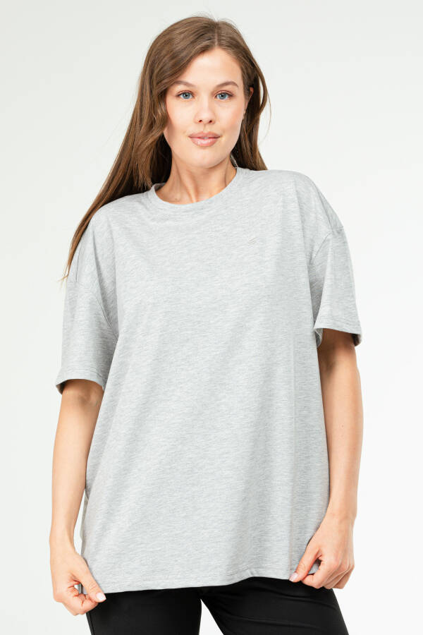 Gri Melanj Oversize Basic 100% Pamuk Bisiklet Yaka Kısa Kol Kadın Tişört SF0756 - Speedlife