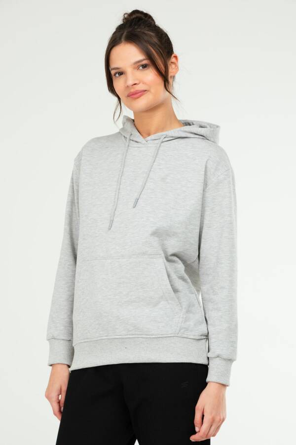 Gri Melanj Oversize Basic Pamuklu Kapüşonlu Kanguru Cep Kadın Sweatshirt SC1242 - Speedlife (1)