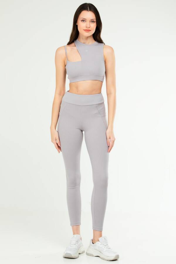 Gri Slim Fit Yüksek Bel Toparlayıcı Kadın Tayt Takım sb0849 - Speedlife