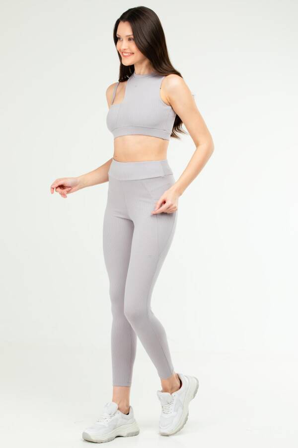Gri Slim Fit Yüksek Bel Toparlayıcı Kadın Tayt Takım sb0849 - Speedlife (1)