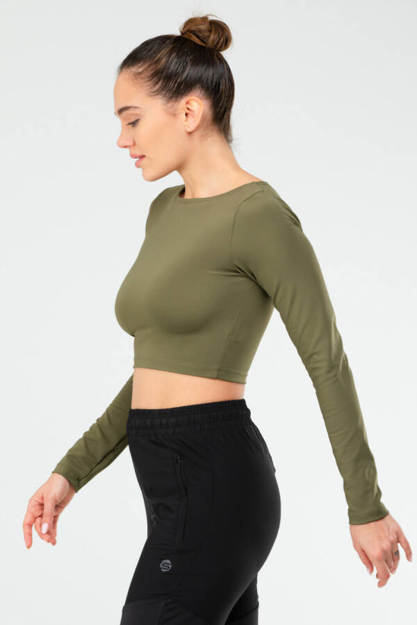 Haki Regular Bisiklet Yaka Uzun Kol Crop Top Kadın Tişört sf0653 - Speedlife (1)