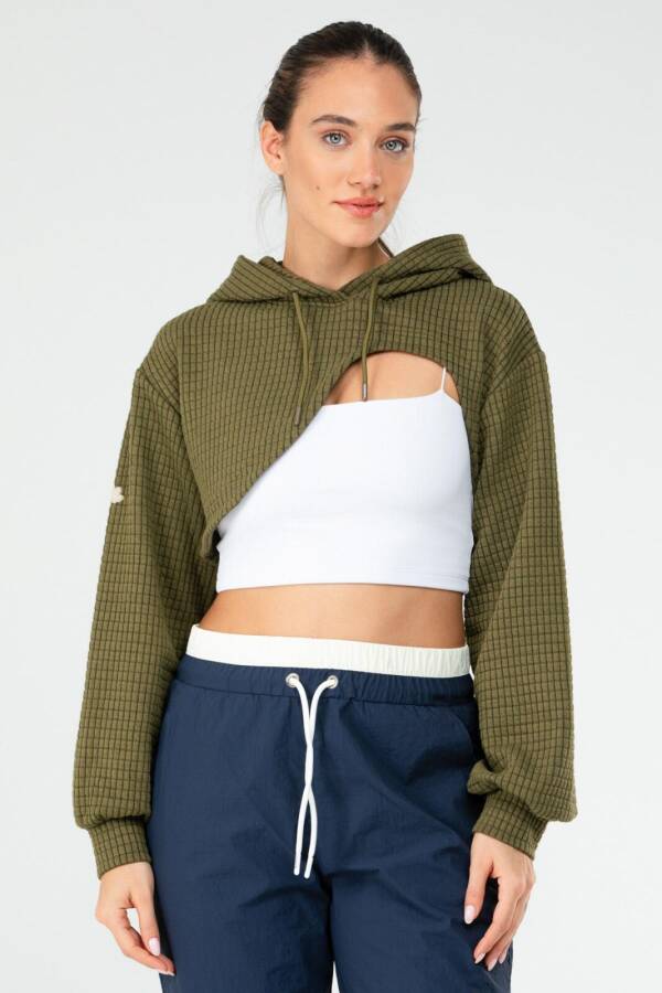 Haki Regular Kareli Kapüşonlu Crop Kadın Sweatshirt sc1185 - Speedlife