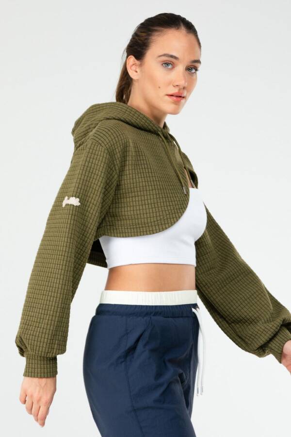 Haki Regular Kareli Kapüşonlu Crop Kadın Sweatshirt sc1185 - Speedlife (1)