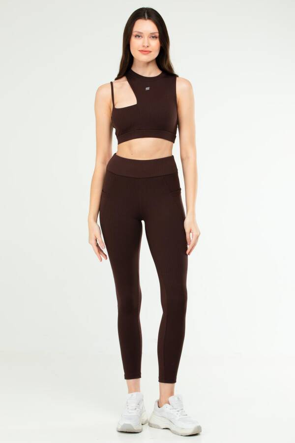 Kahverengi Slim Fit Yüksek Bel Toparlayıcı Kadın Tayt Takım sb0849 - Speedlife