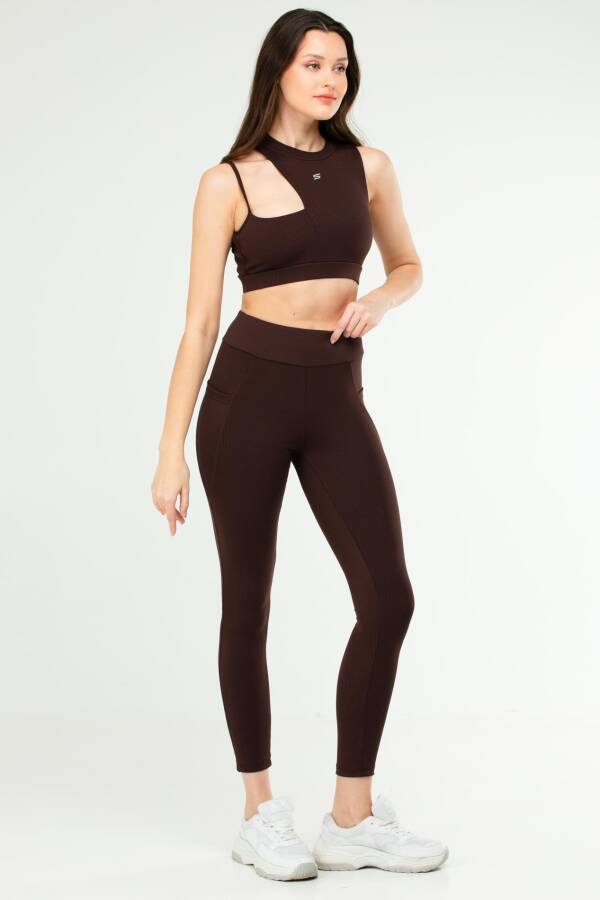 Kahverengi Slim Fit Yüksek Bel Toparlayıcı Kadın Tayt Takım sb0849 - Speedlife (1)