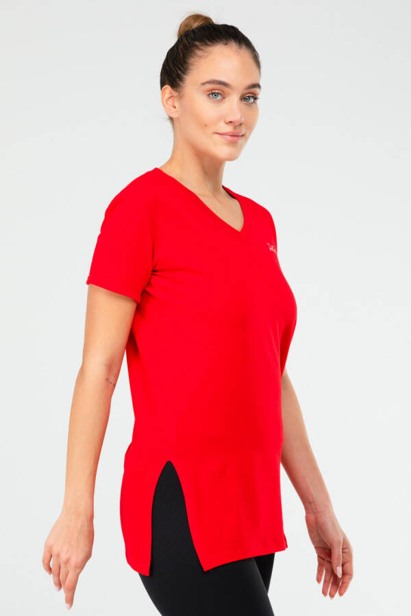 Kırmızı Slim Fit Pamuklu V Yaka Kısa Kol Kadın Tişört sf0390 - Speedlife (1)