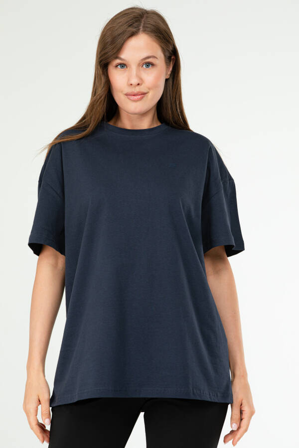 Speedlife Lacivert Oversize Basic 100% Pamuk Bisiklet Yaka Kısa Kol Kadın Tişört SF0756 - Speedlife