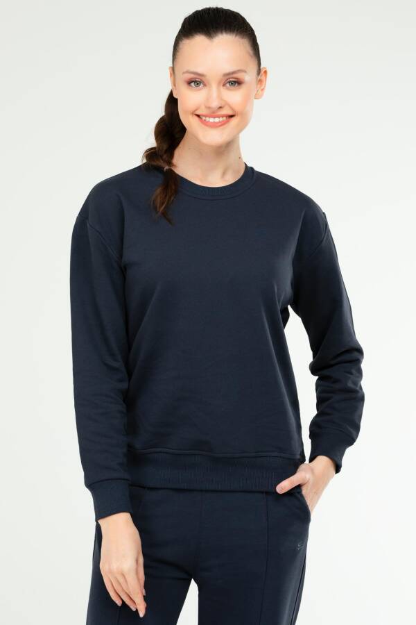 Lacivert Oversize Basic Pamuklu Bisiklet Yaka Uzun Kol Kadın Sweatshirt SC1241 - Speedlife