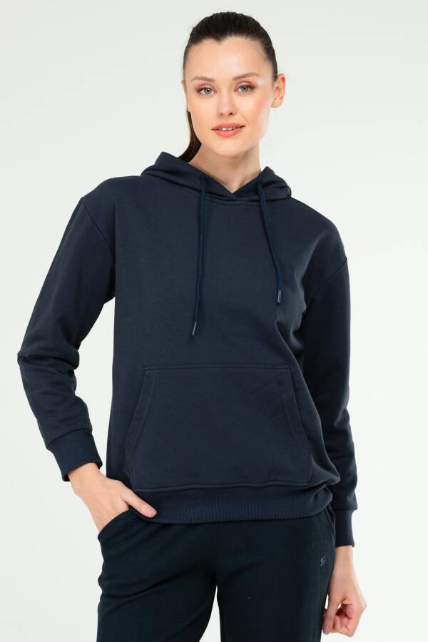Lacivert Oversize Basic Pamuklu Kapüşonlu Kanguru Cep Kadın Sweatshirt SC1242 - Speedlife
