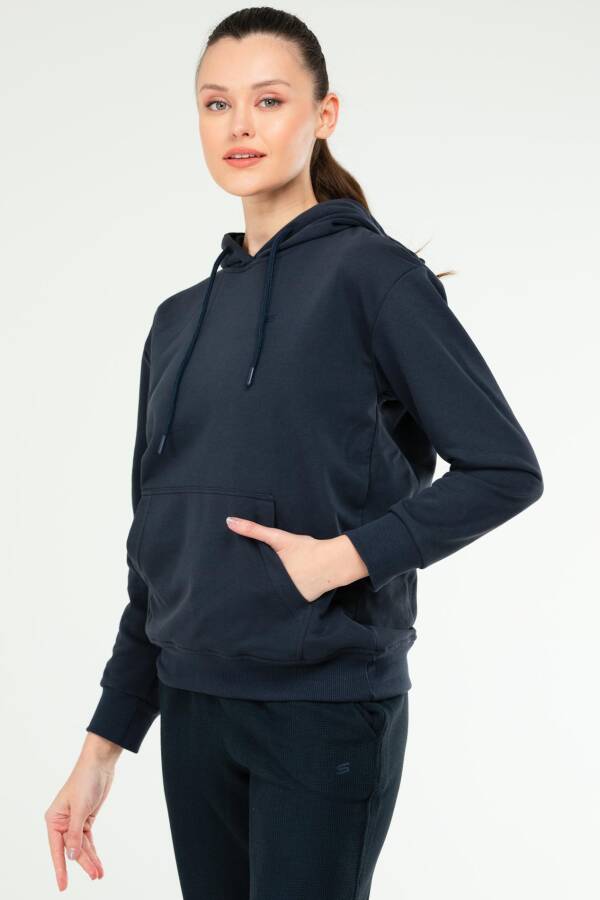 Lacivert Oversize Basic Pamuklu Kapüşonlu Kanguru Cep Kadın Sweatshirt SC1242 - Speedlife (1)