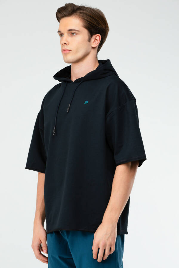 Lacivert Oversize Pamuklu Kapüşonlu Kısa Kol Erkek Sweatshirt xc2319 - Speedlife (1)