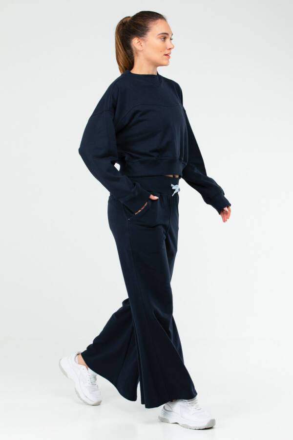 Lacivert Regular Pamuklu Bisiklet Yaka Crop Kadın Eşofman Takım sa2632 - Speedlife (1)