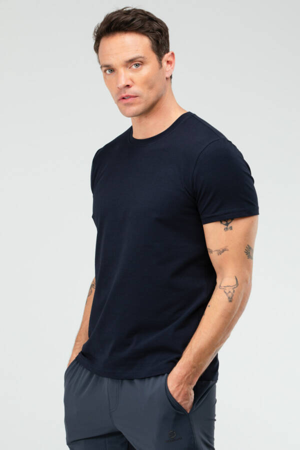 Lacivert Regular Pamuklu Bisiklet Yaka Kısa Kol Basic Erkek Tişört XF1708 - Speedlife (1)