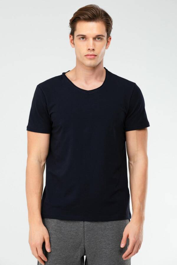 Lacivert Regular Pamuklu V Yaka Erkek Tişört xf1606 - Speedlife