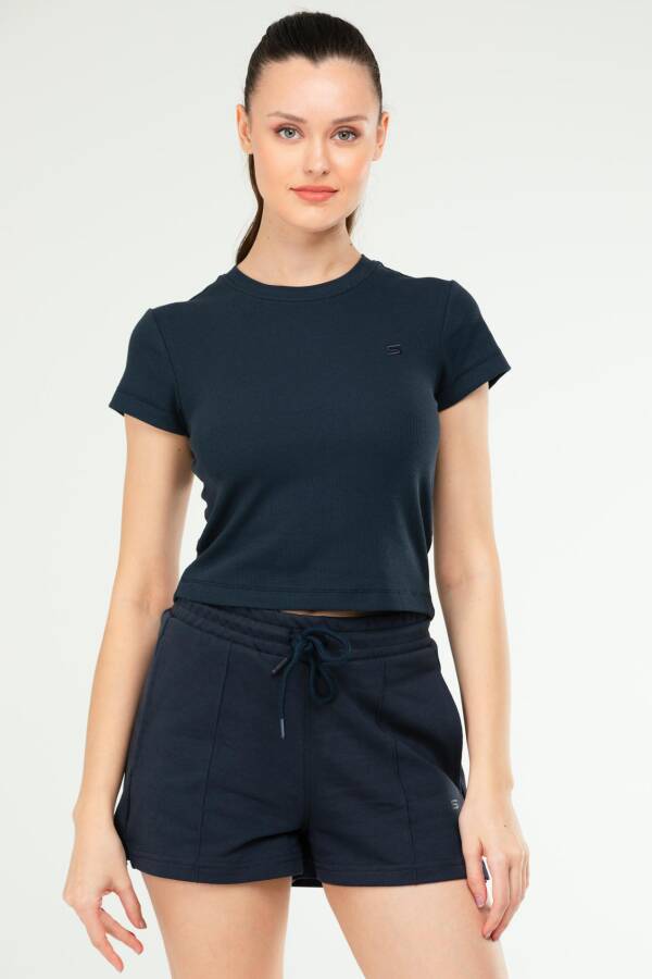 Lacivert Slim Fit Basic Kaşkorse Bisiklet Yaka Kısa Kol Crop Kadın Body sf0757 - Speedlife