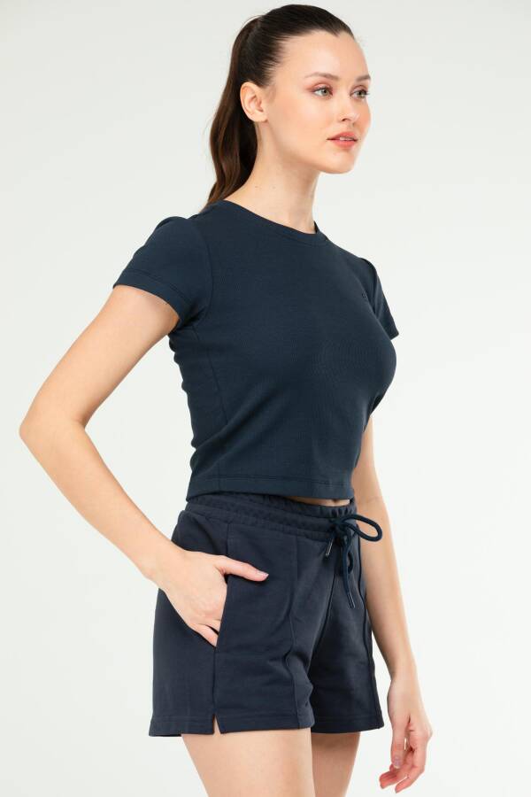 Lacivert Slim Fit Basic Kaşkorse Bisiklet Yaka Kısa Kol Crop Kadın Body sf0757 - Speedlife (1)