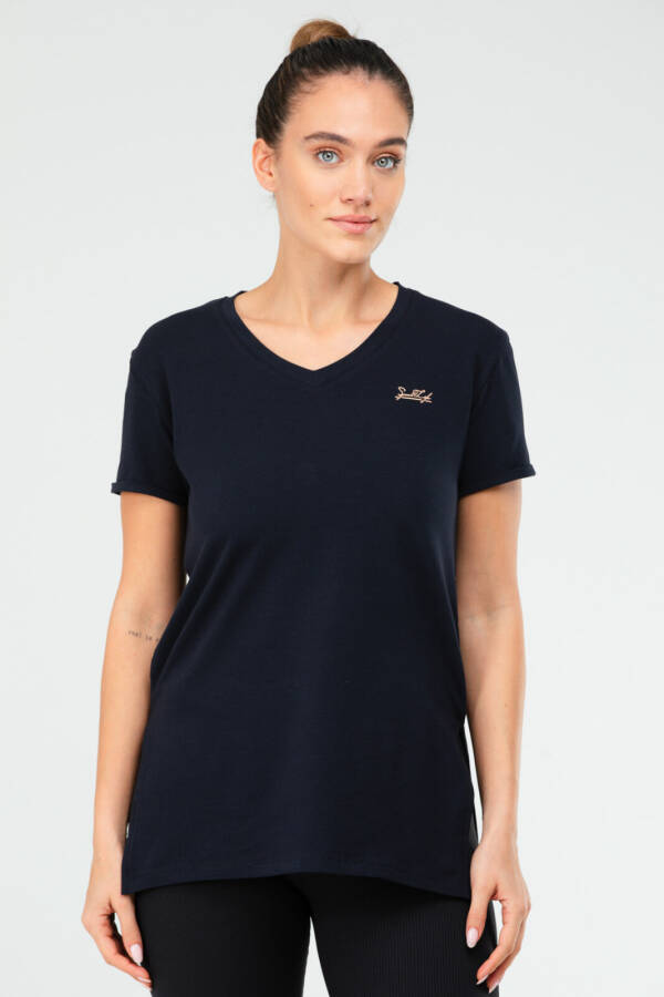 Lacivert Slim Fit Pamuklu V Yaka Kısa Kol Kadın Tişört sf0390 - Speedlife
