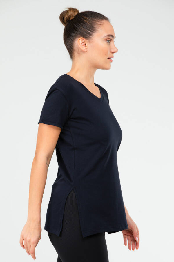 Lacivert Slim Fit Pamuklu V Yaka Kısa Kol Kadın Tişört sf0390 - Speedlife (1)