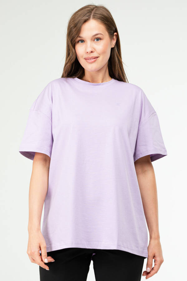 Lila Oversize Basic 100% Pamuk Bisiklet Yaka Kısa Kol Kadın Tişört SF0756 - Speedlife